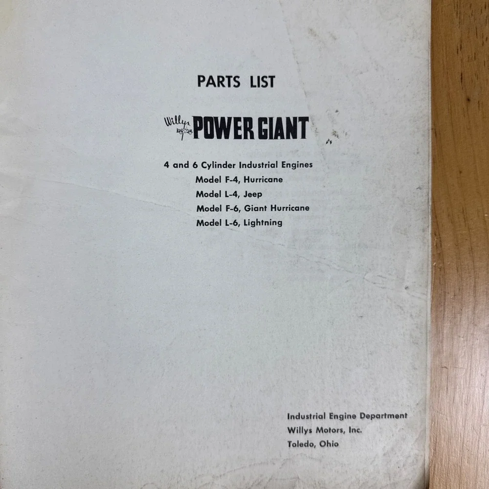 WILLYS POWER GIANT Parts Manual F-4 F-6 L-4 L-6 Jeep Hurricane Lightning - Picture 2 of 2
